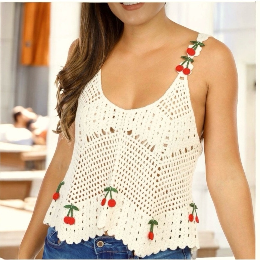 Rebellion Again Cherry Accented Crochet Cotton Tank Top Sz M NWOT